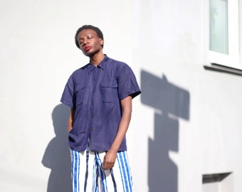 90s Linen Blend Blouse| Minimalist Blue  Blouse| Lightweight Summer Shirt