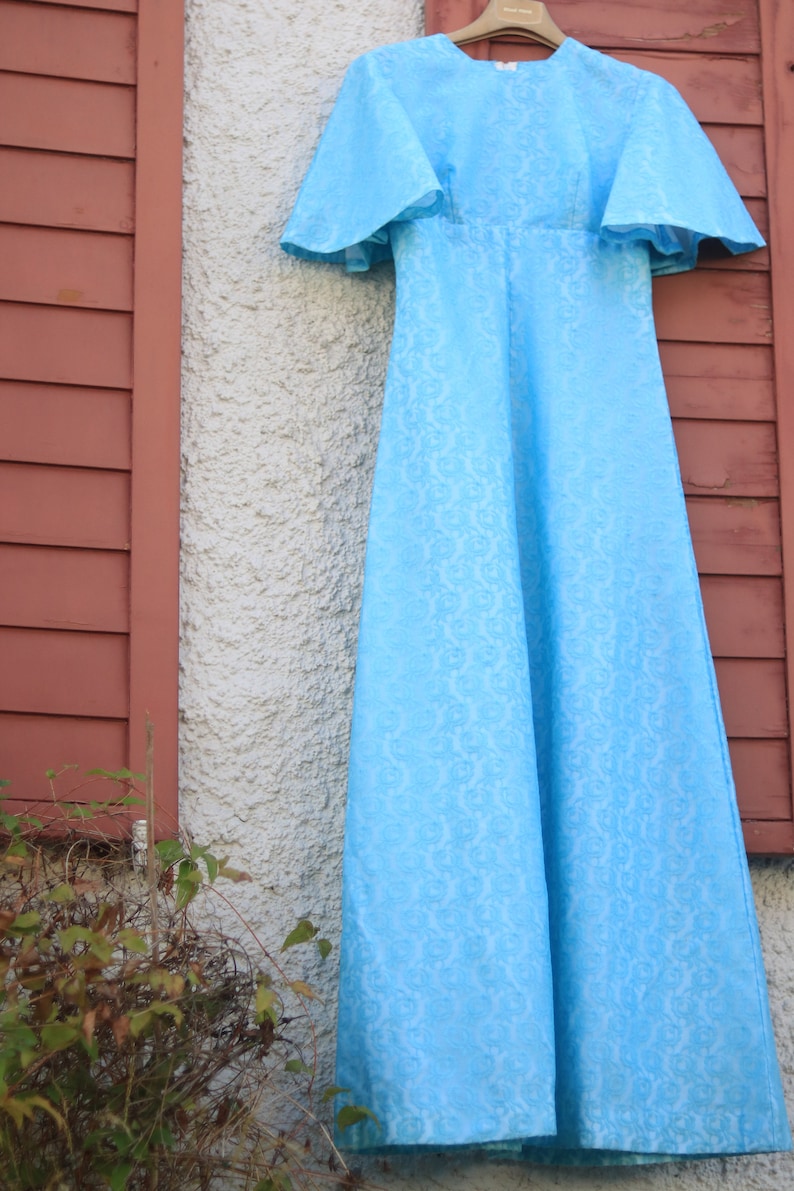 Vintage 70s Maxi Blue Lace Dress Bohochic Elegant Short Sleeved Retro Size Small XS image 4