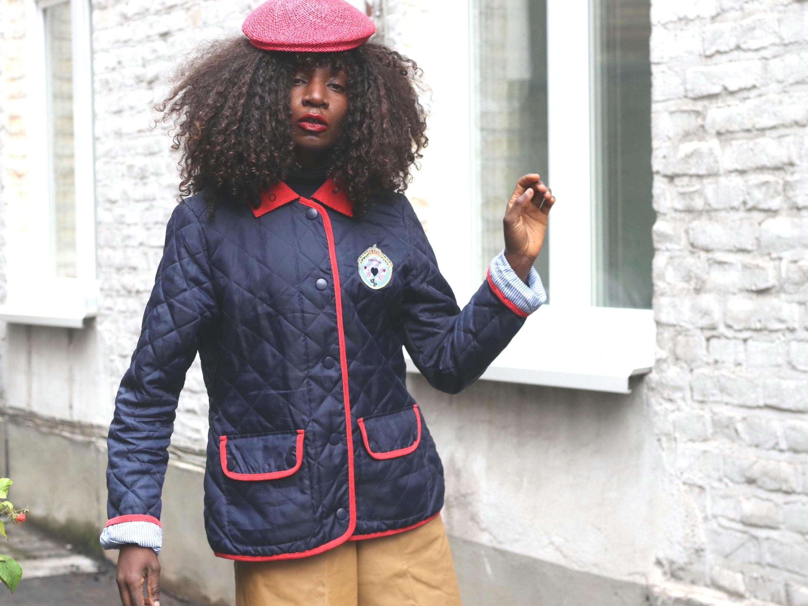Vintage Navy Quilted Jacket Red Trim Diamond Quilt Blazer Style