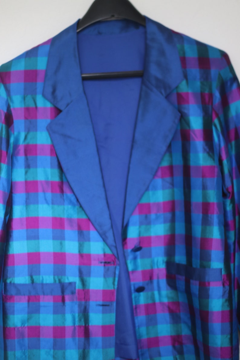 80er Jahre Karierter Blazer Vintage Maximalist Damen Blazer Blau und Lila Workwear Jacke Bild 7