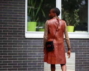 70s Brown Leather Dress| Vintage Sleeveless Chic Dress| Minimalist Women's Chic Midi Dress