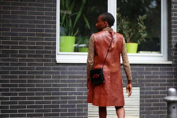 70s Brown Leather Dress| Vintage Sleeveless Chic … - image 1