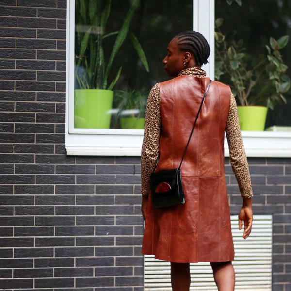 70s Brown Leather Dress| Vintage Sleeveless Chic Dress| Minimalist Women's Chic Midi Dress