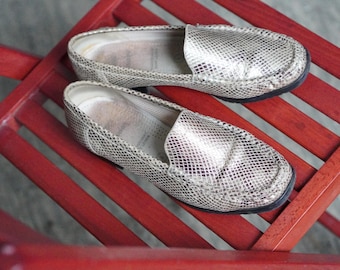 Vintage Metallic Snakeskin Loafers | Genuine Leather Hand-Stitched Moccasins UK 6