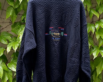 90s Mondo Sweater | Vintage Collegiate Chic Sportswear Inspired Knit | Chevron Print Navy Long- Sleeved Jumper