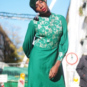 70s Festive Dress Vintage Green Dress With Floral Overlay and Pleated Arms image 9