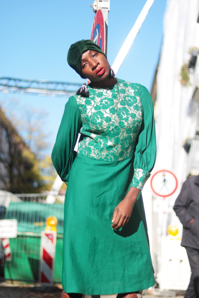 70s Festive Dress Vintage Green Dress With Floral Overlay and Pleated Arms image 9