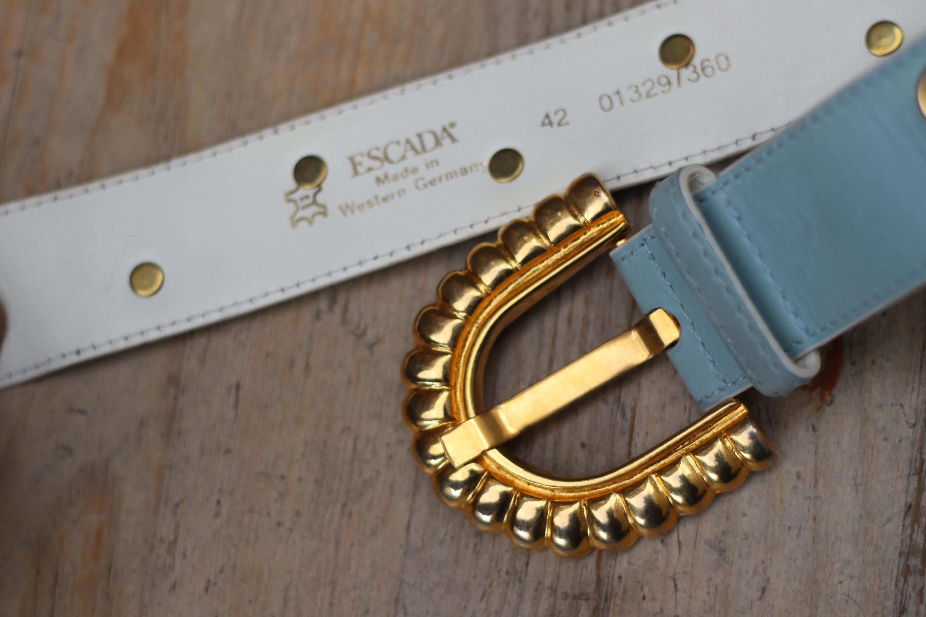 Vintage Escada Belt: 80s Light Blue Leather, Pearl Studded  display picture 3