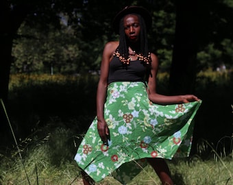 Isda & Co Vintage Skirt Size 6 Green Floral Cotton Asymmetric A-Line Midi Graphic