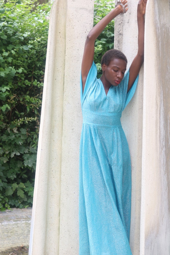 Vintage 1960s Shimmery Aqua Blue Cowl V-Neck Long Sleeve Top w Back Zipper Vintage Size 12