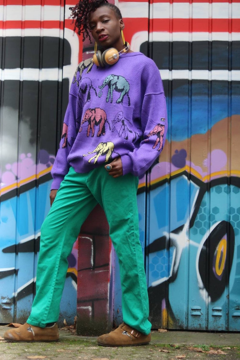 Vintage 80s Purple Sweater with Elephant Print Street Style Size S M