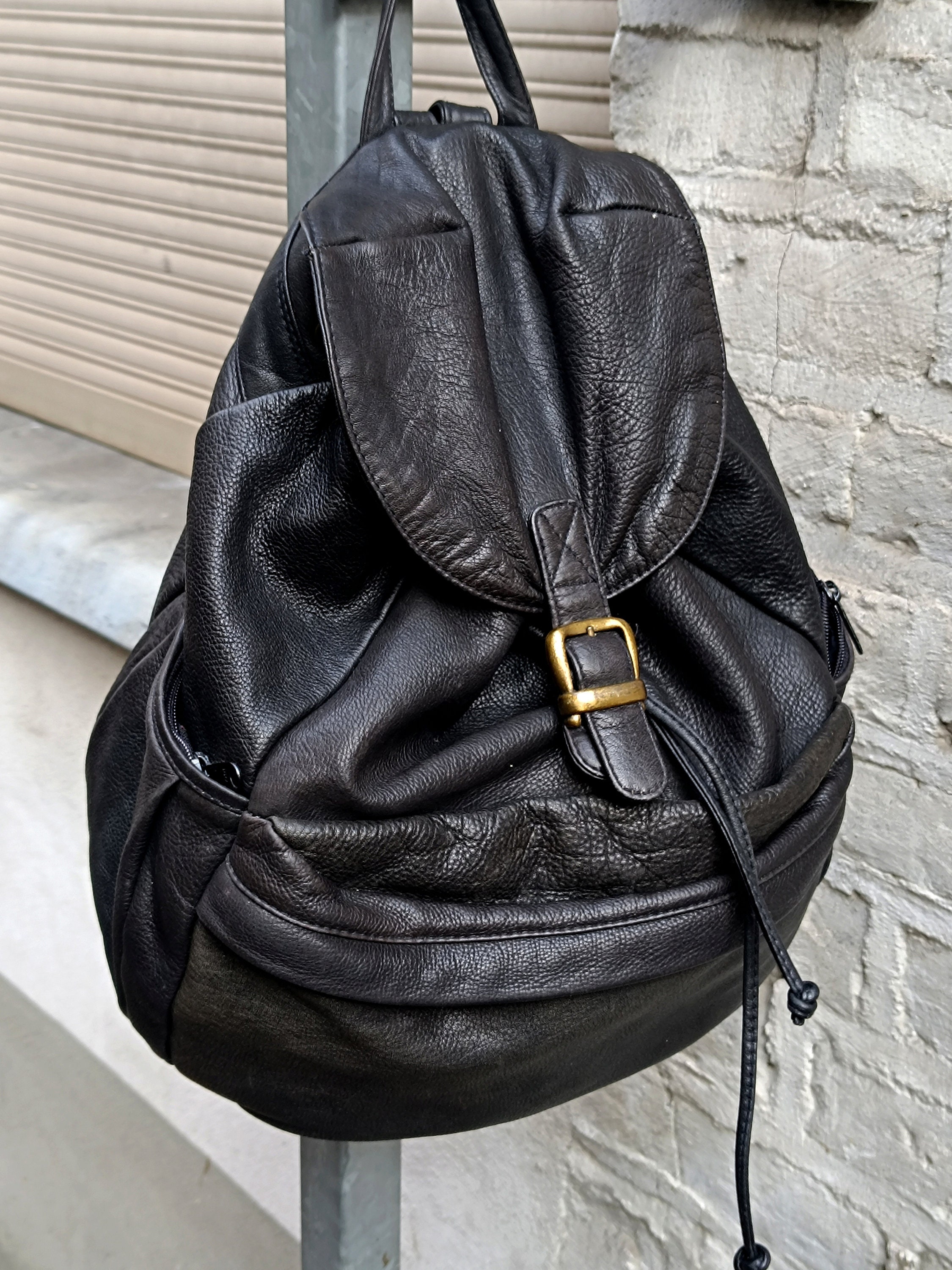 90s Leather Backpack Women s Vintage Black Leather Backpack Minimalist Street style Black Bag Etsy