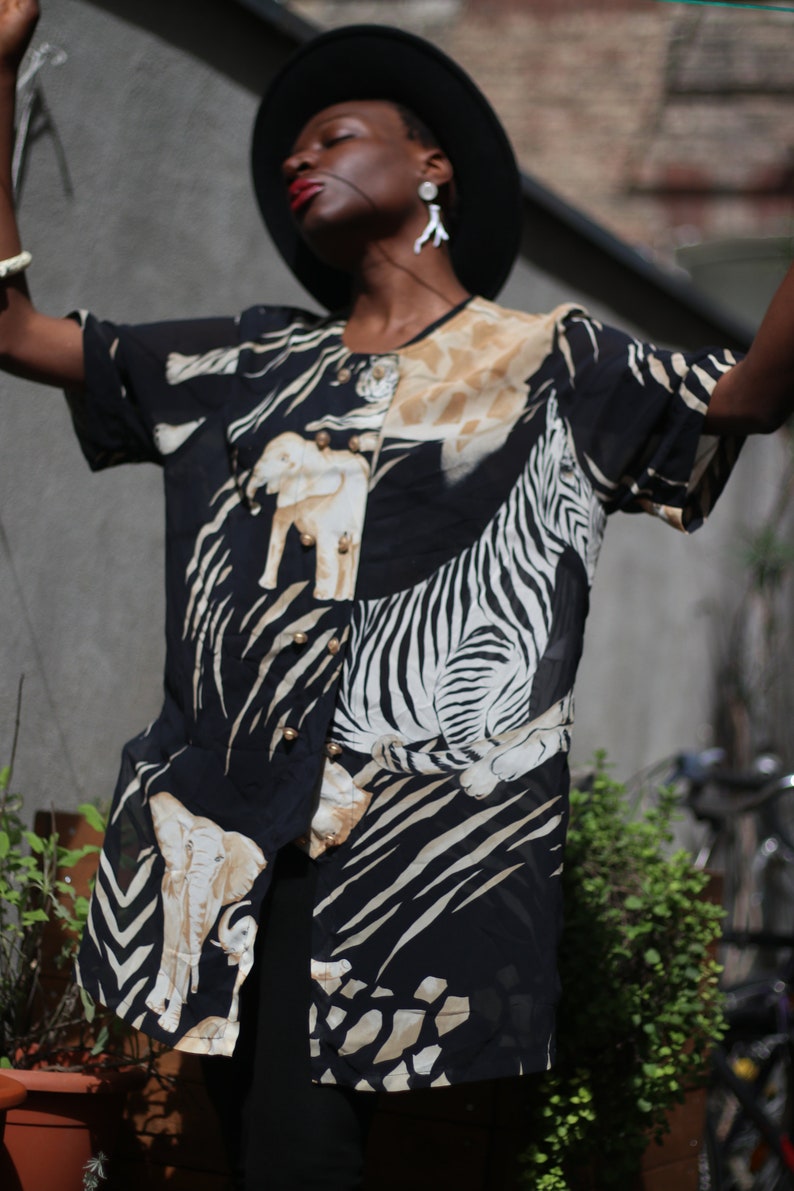 Vintage Sheer Blouse 90s Janina Schreck Animal Print Buttoned down short sleeved monochrome shirt image 7