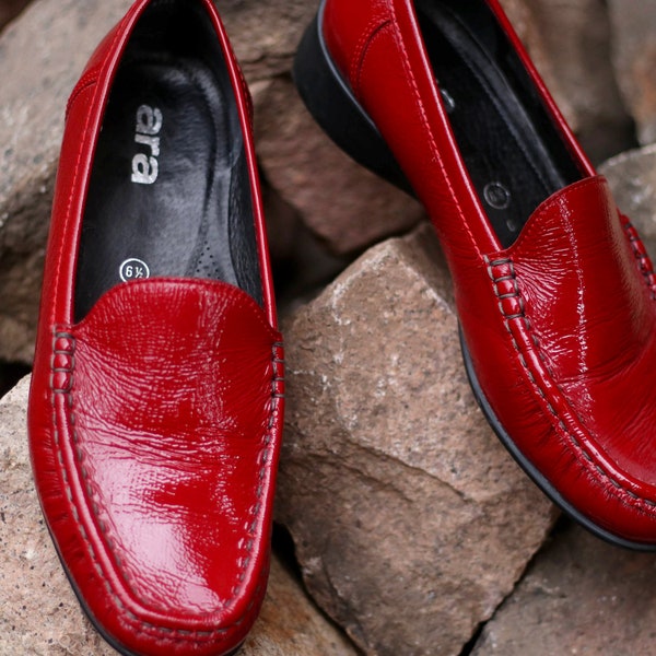 90s Rote ARA Loafers| Vintage Damen Minimalist Slip ins| Preppy Flache Alltagsschuhe