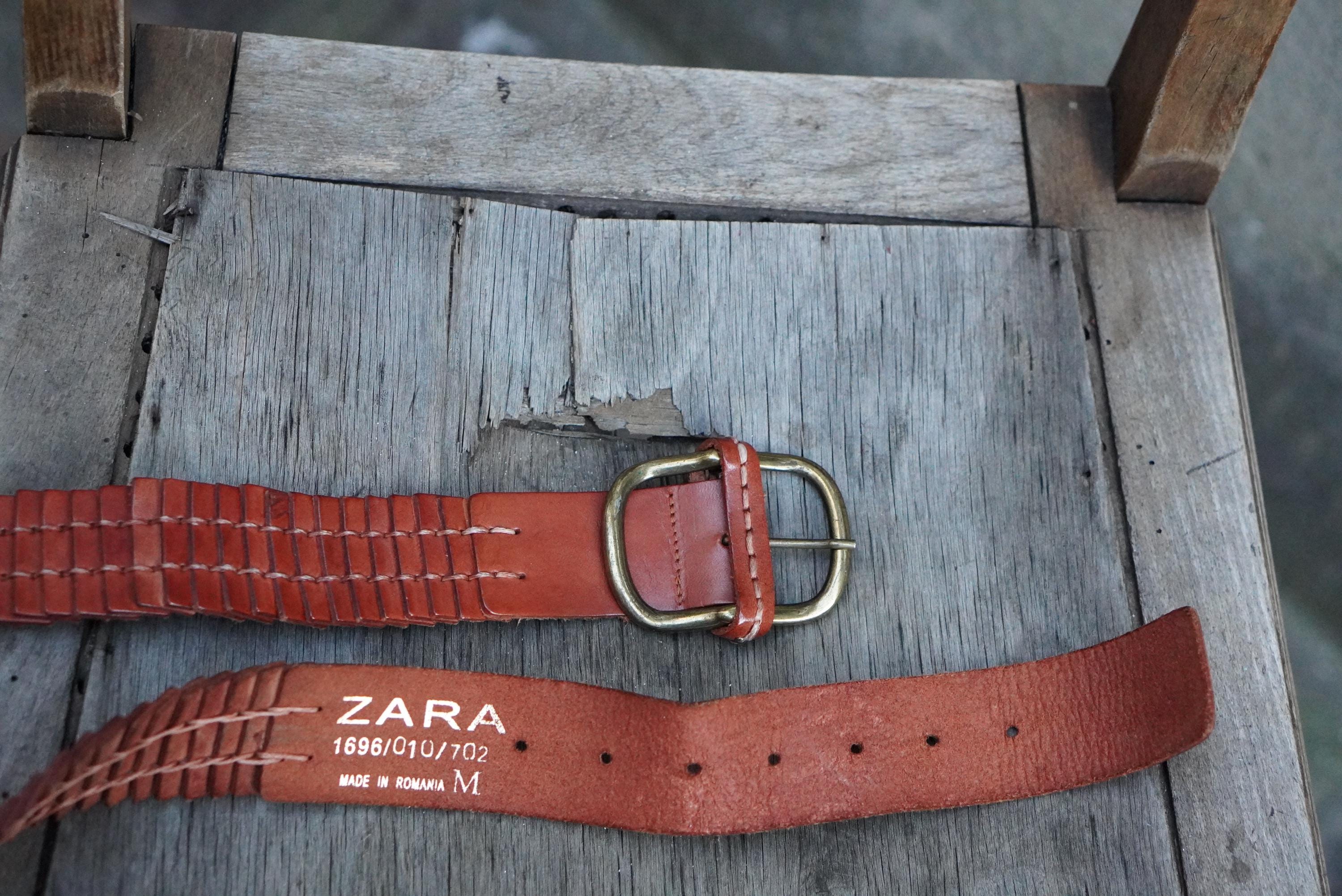 Zara Braided Leather Belt Cognac Brown Woven Wide Brass 