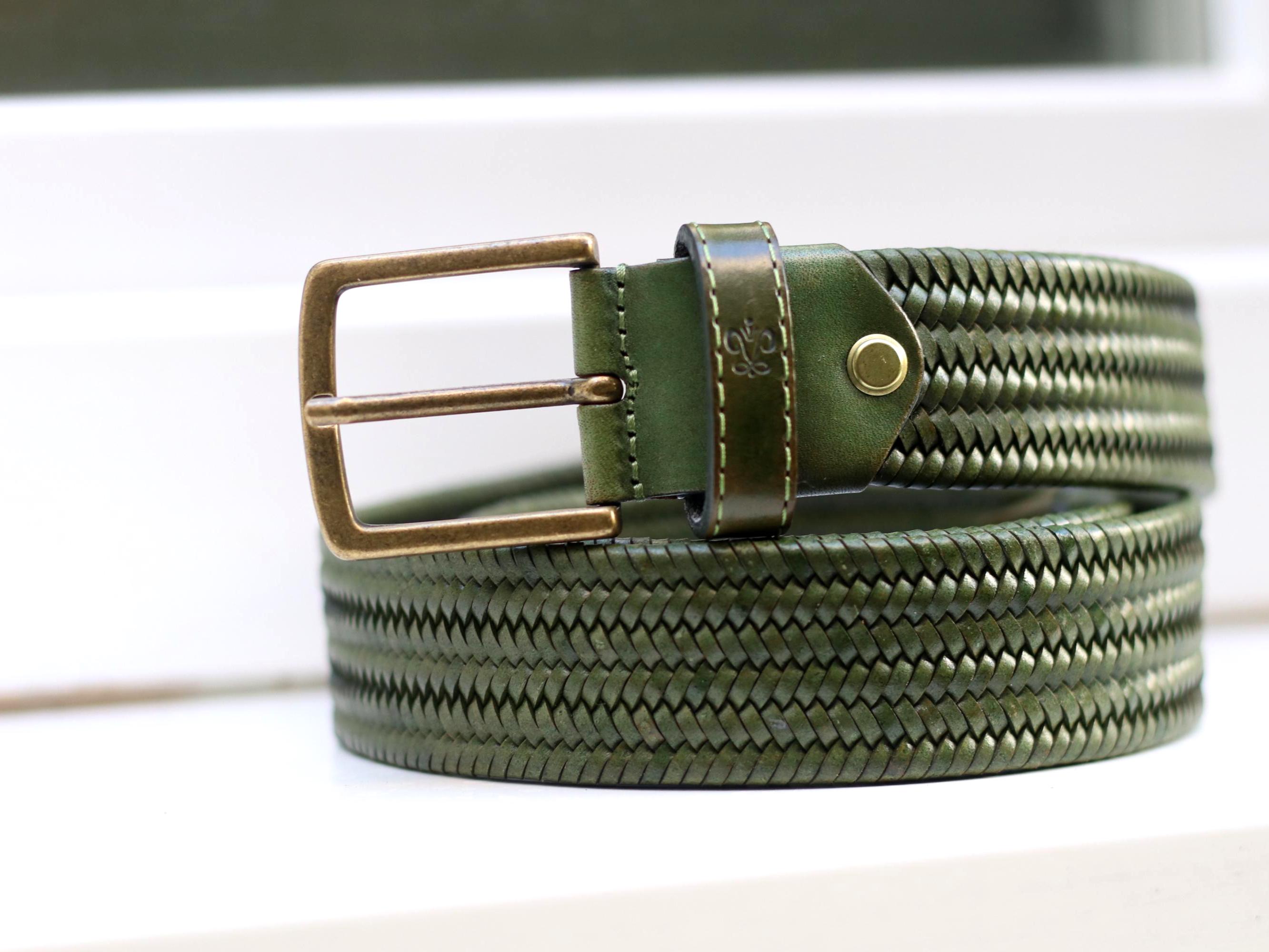 MADE IN ITALY Green Leather Woven Belt with Decorative Buckle Buy Green Leather Belt With Gold Italian Buckle 2.5 Cm  main image 2