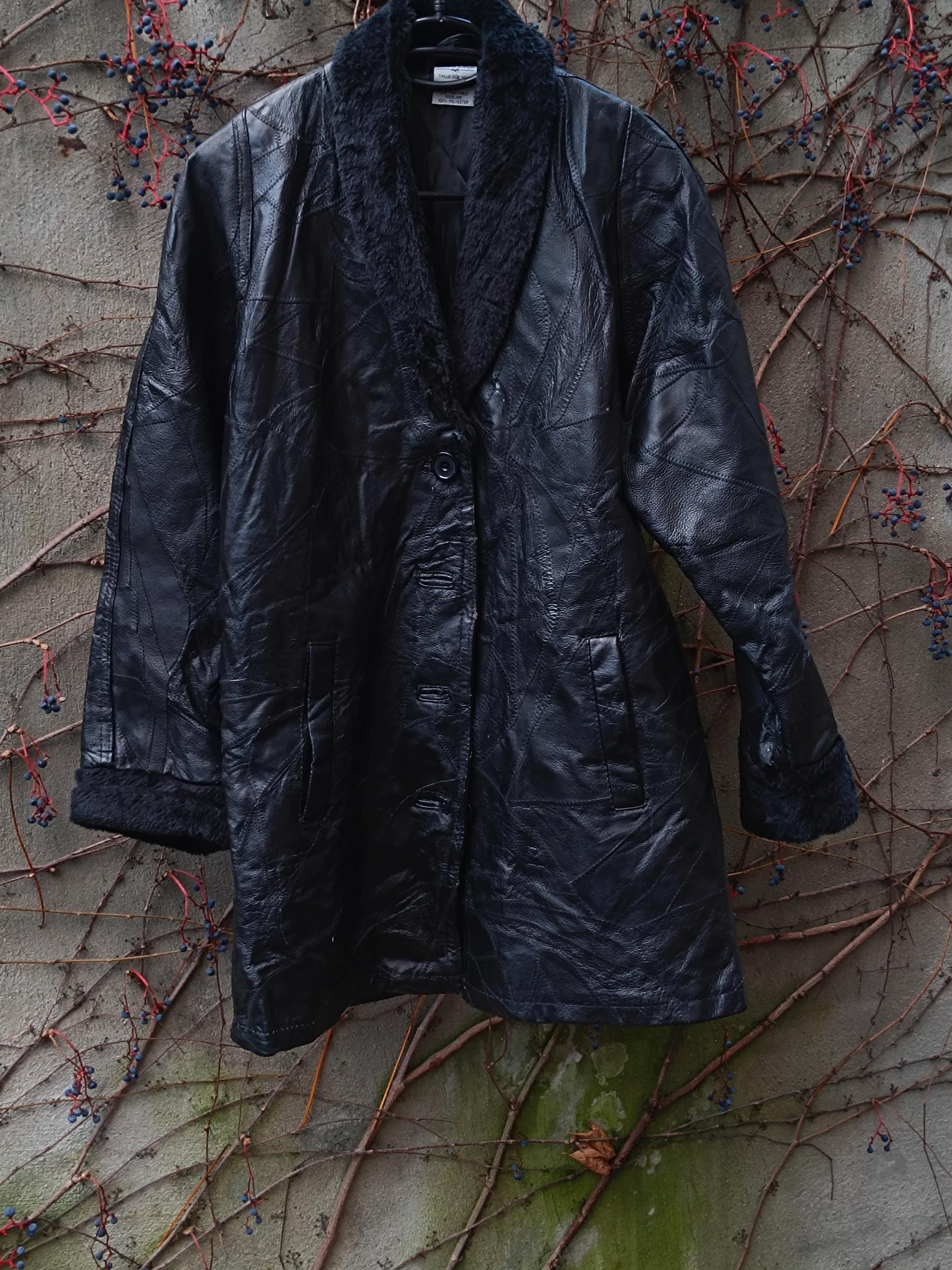 Vintage Black Leather Jacket | 90s Anne De Lancay Faux Fur Trimmed