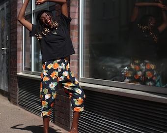 Wide Leg Ankle Trousers, Vintage 90s Colorful Abstract Print Wide