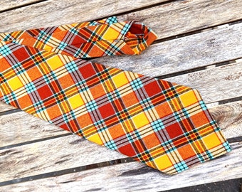 Y2K Plaid Tie| Vintage Checkered Yellow and Orange Tie| Mens Tie| Gift for him