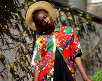 90s Crazy Pattern Shirt| Vintage Unisex Colorful Summer Shirt|  Women's Red Print Shirt| Men's buttoned down shirt