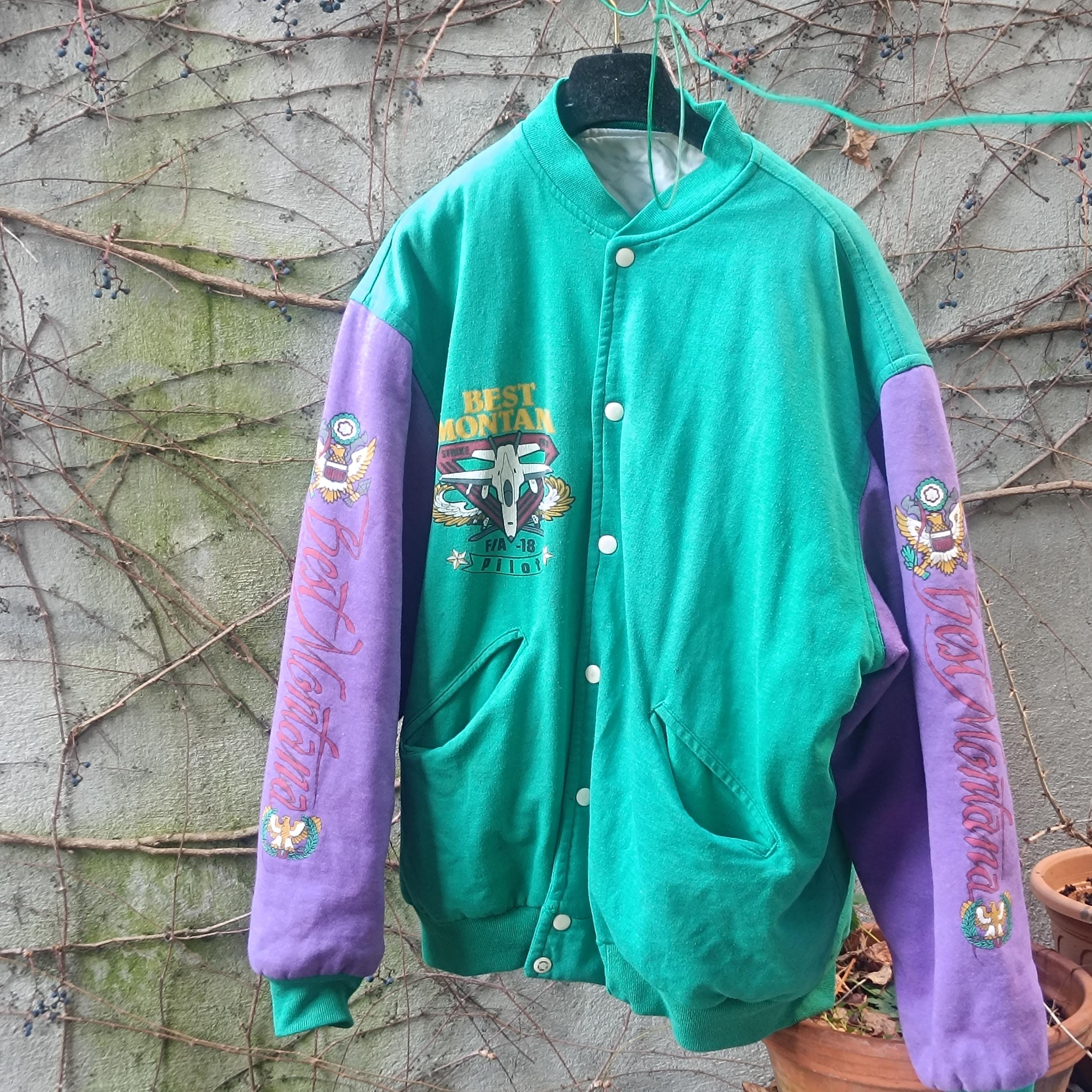 Vintage Varsity Jacket 90s Green Purple Eagle Embroidered