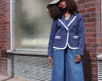 Vintage Navy Cotton Blazer Contrast Trim Tailored Jacket Minimal Chic