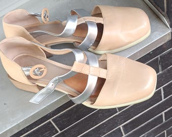 Vintage Camper Beige Silver Leather Strappy Sandals - Y2K Heels | EU 38