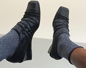 Square Toe Wedge Loafers - Vintage 90s AUDLEY Black Shoes | EU 38