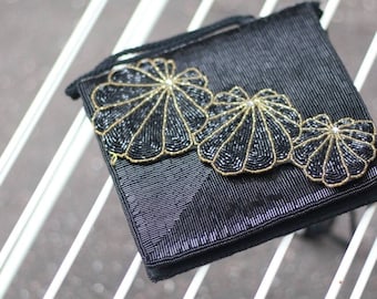 y2k sequinned bag in black | Vintage mini evening shoulder bag with rope strap| Glamorous compact shiny handbag with  floral motif