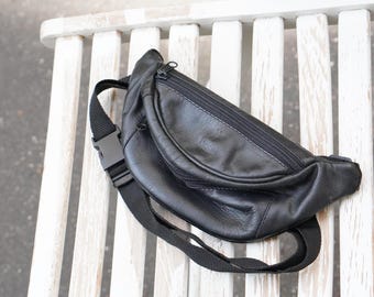 Vintage Black Leather Fanny Pack Köln Germany Waist Bag Hip Bag Travel Festival