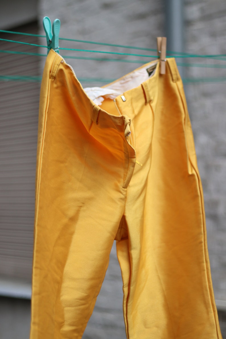 80s yellow shinny trousers Vintage bright yellow statement Stirrup pants image 2