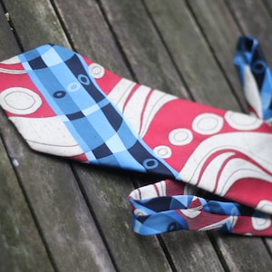 70s Men's Tie| Vintage Abstract Print Necktie | Red and Blue Retro Tie| Quirky Whimiscal Menswear
