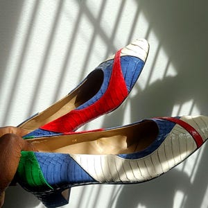 Könnte beinhalten: Ein Paar bunte, spitz zulaufende Ballerinas. Die Schuhe haben eine Mischung aus blauen, roten, weißen und grünen Einsätzen. Die Absätze sind niedrig und die Schuhe scheinen aus einem strukturierten Material zu bestehen, möglicherweise Leder oder lederähnlichem Material.
