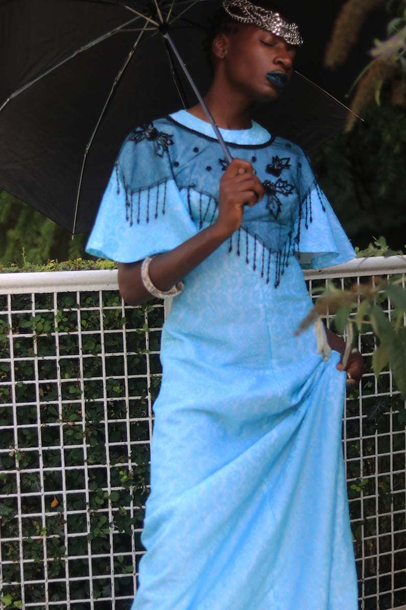 Vintage 70s Maxi Blue Lace Dress Bohochic Elegant Short Sleeved Retro Size Small XS image 5