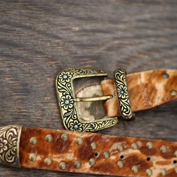 Vintage Cowgirl Belt| 90s Brown Leather  Studded Belt| Vintage Americana Textured Country Belt