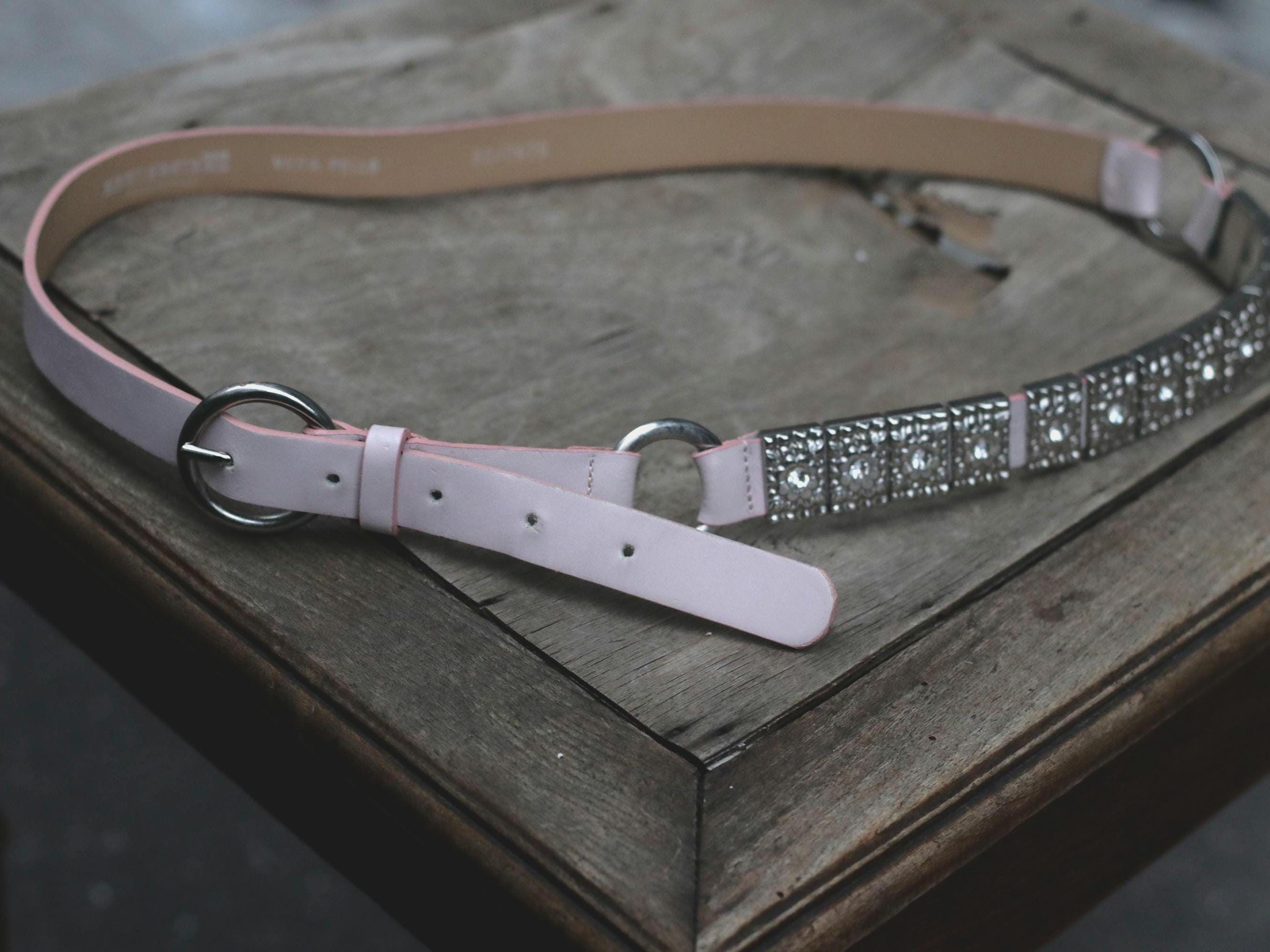 Vintage Y2K Pink Leather Belt With Metal Panel Rhinestone Details