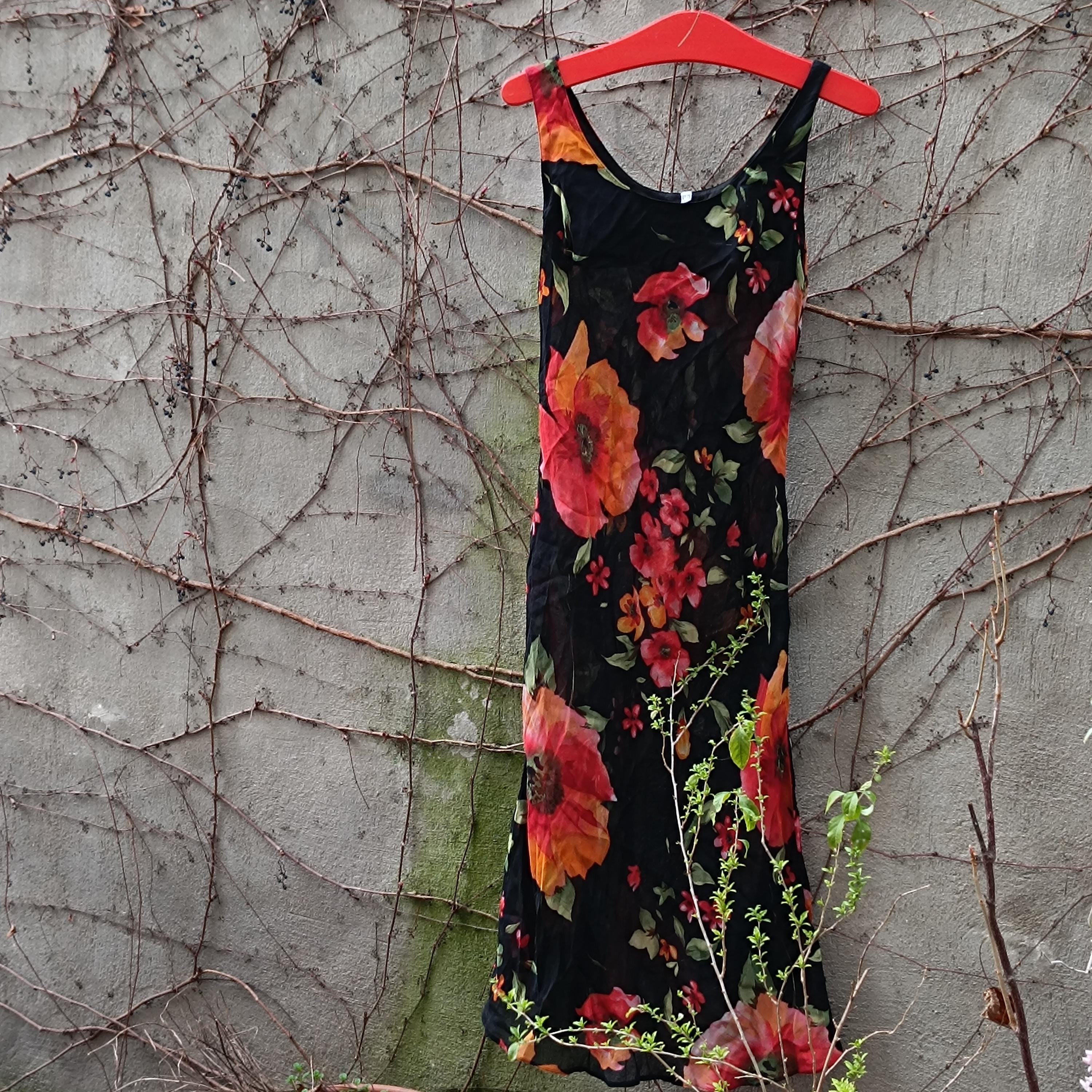 90s Floral Maxi Slip Dress: Vintage Grunge Semi-Sheer