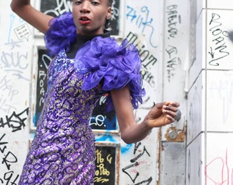 Vintage 80s Sequin Prom Dress| Purple Dave & Johnny Party Dress with Tulle Statement Sleeves| XS to Small