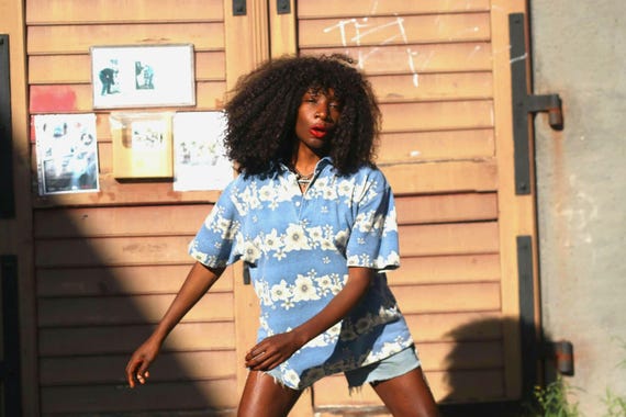 Vintage 90s Floral Polo Shirt: Oversized Blue Retro Top - Etsy