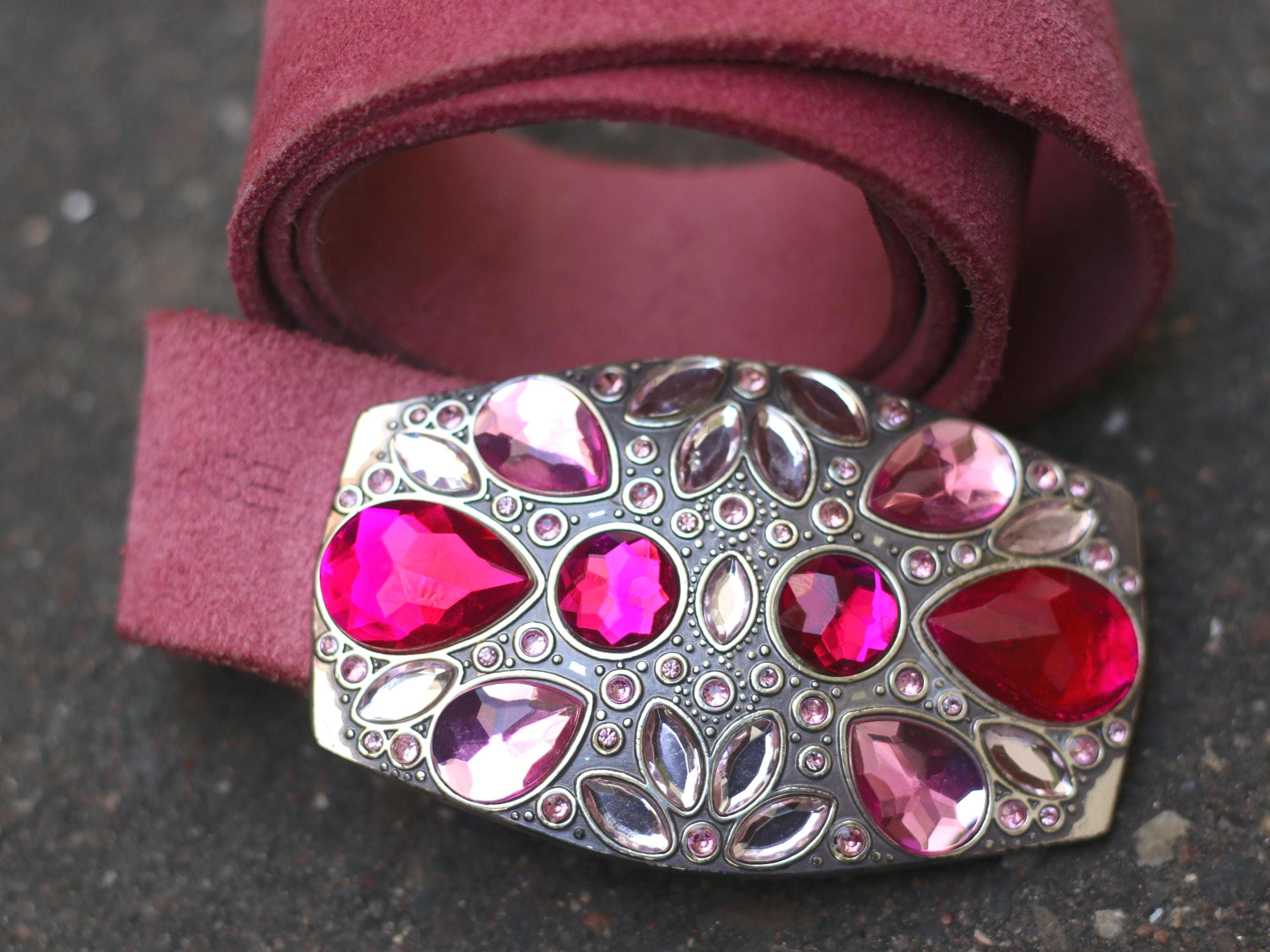 Vintage Pink Suede Esprit Belt | Y2K Statement Gem Buckle  display picture 2