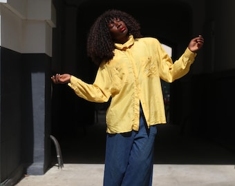 Sergio Cassani Vintage Yellow Silk Shirt 90s Embroidered Silk Blouse Oversized