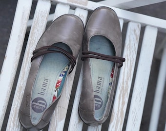 Vintage Leather Ballet Flats Size 39 |Gray Mary Jane Shoes Comfort Slip On Shoes