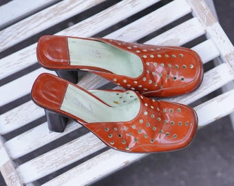 Vintage muiltjes vierkante neus verbrand oranje lakleer blokhak jaren 90 schoenen Citta