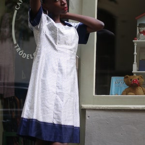 Vintage Striped and Polka Dottted Collared Handmade Dress in Blue and White Size Small image 5