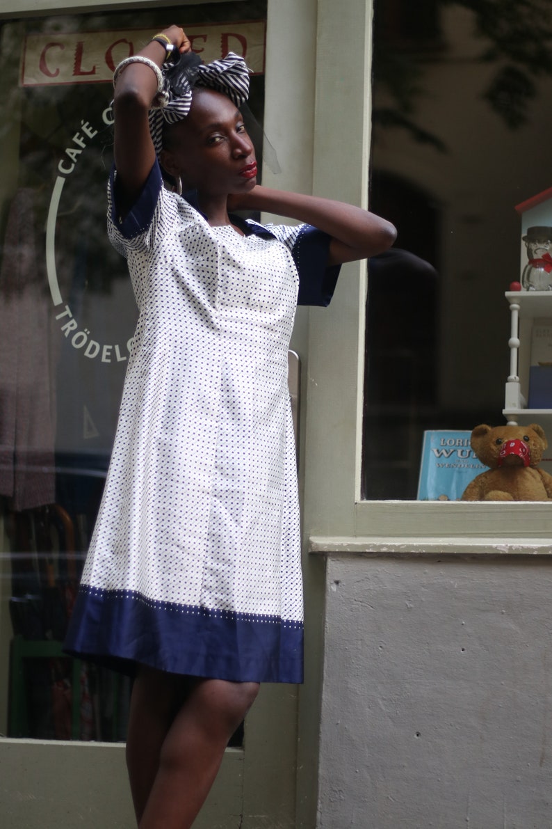 Vintage Striped and Polka Dottted Collared Handmade Dress in Blue and White Size Small image 5