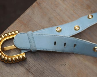 Vintage Escada Belt: 80s Light Blue Leather, Pearl Studded  display picture 3