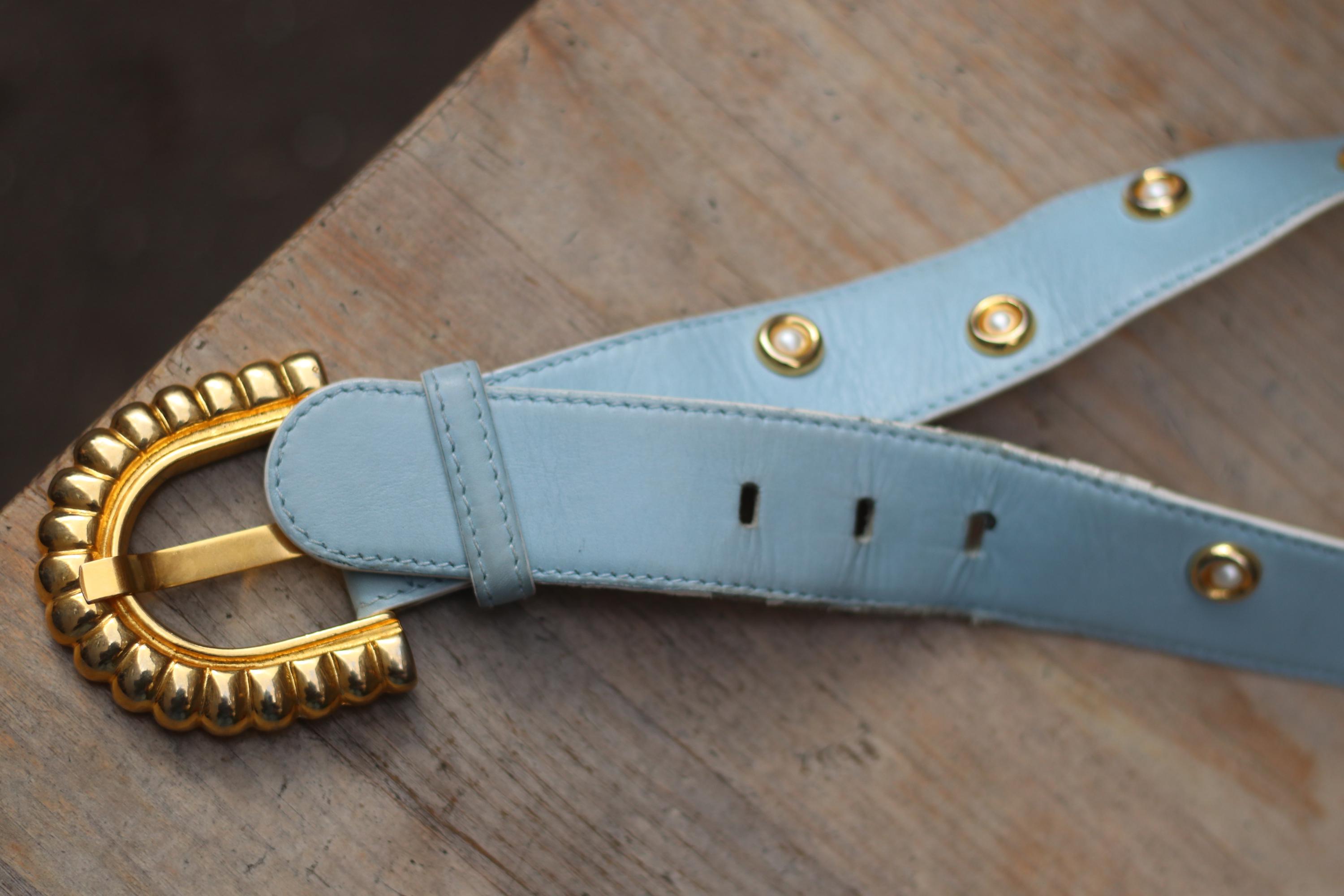 Vintage Escada Belt: 80s Light Blue Leather, Pearl Studded  display picture 3