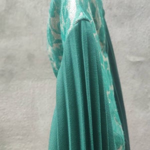 70s Festive Dress Vintage Green Dress With Floral Overlay and Pleated Arms image 2