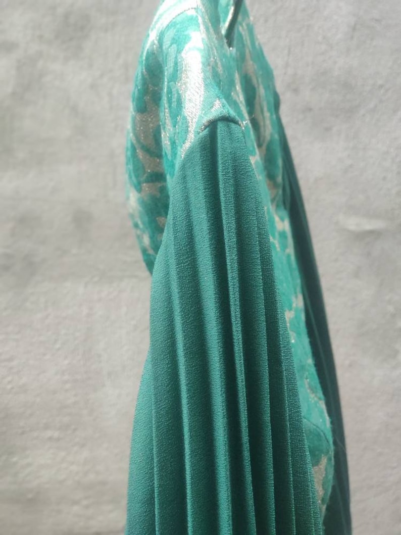 70s Festive Dress Vintage Green Dress With Floral Overlay and Pleated Arms image 2