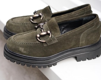 Vintage Suede Loafers Horsebit Detail| Y2k Olive Green Chunky Lug Sole Shoes Platform Loafers